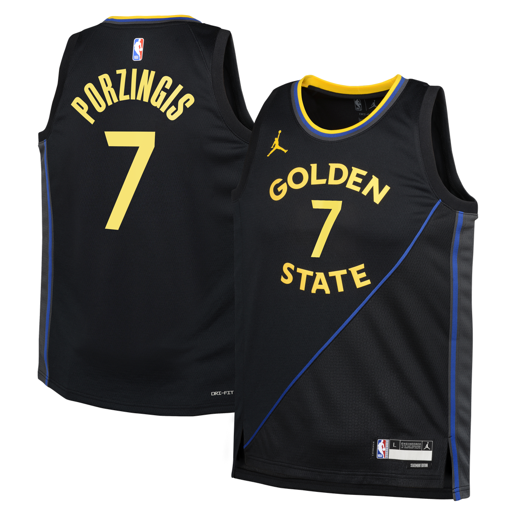 Golden State Warriors Jordan Brand Statement Edition Swingman Jersey - Black - Kristaps Porziņģis - Youth NBA Team Jersey Basketball Fan Apparel