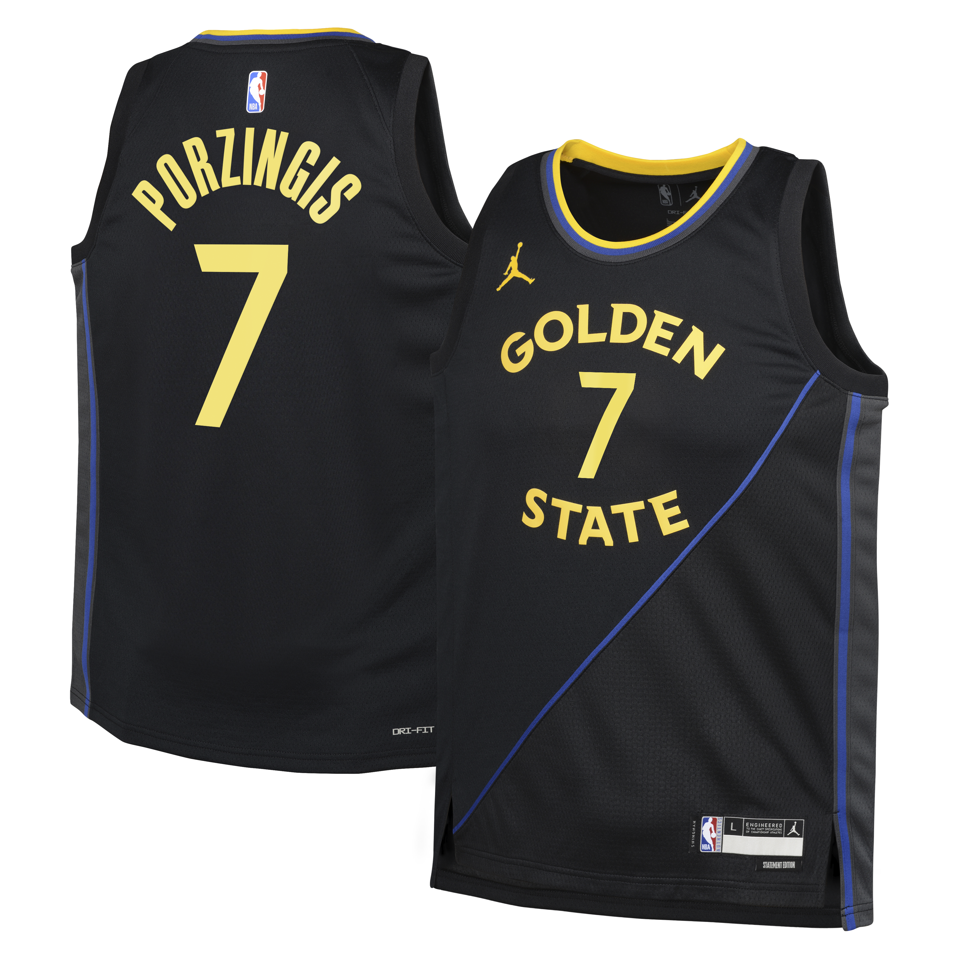 Golden State Warriors Jordan Brand Statement Edition Swingman Jersey - Black - Kristaps Porziņģis - Youth NBA Team Jersey Basketball Fan Apparel