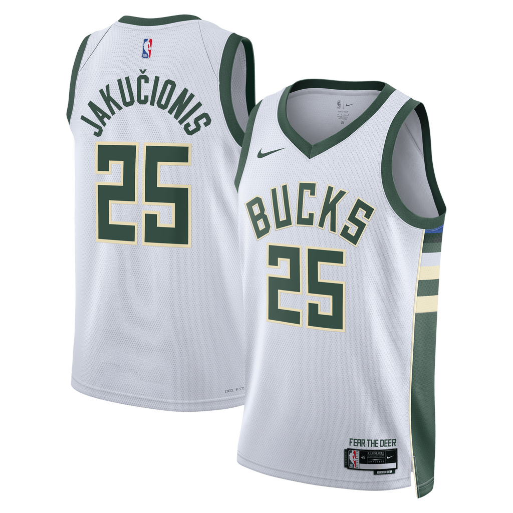 Milwaukee Bucks Nike Association Edition Swingman Jersey - White - Kasparas Jakučionis - Unisex NBA Team Jersey Basketball Fan Apparel