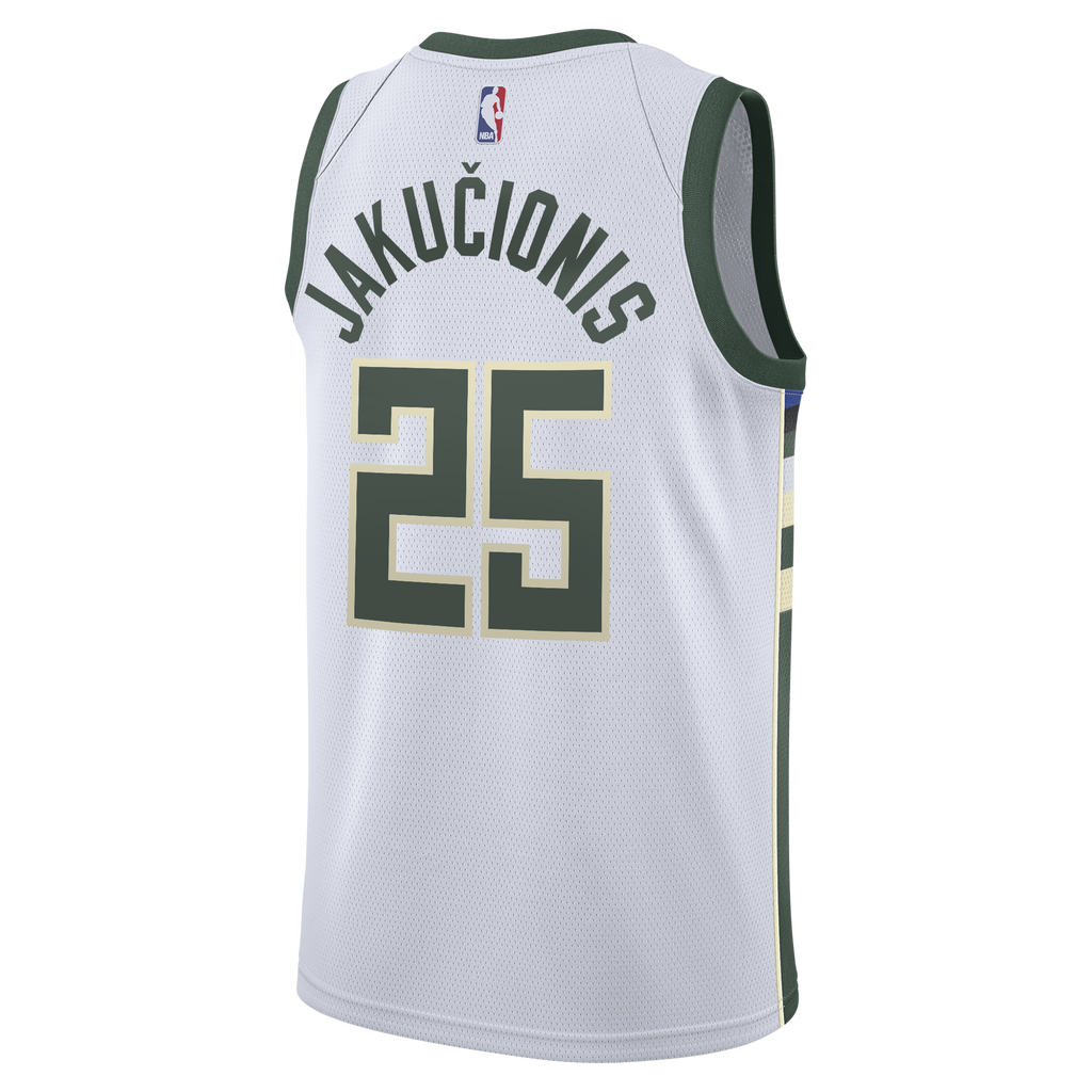 Milwaukee Bucks Nike Association Edition Swingman Jersey - White - Kasparas Jakučionis - Youth NBA Team Jersey Basketball Fan Apparel